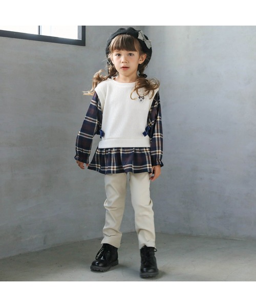 SLAP SLIP（スラップスリップ）の「【お揃い】サイドリボン裾スリットベストドッキングチェック柄トップス(80~130cm)（シャツ/ブラウス・キッズ・ベージュ/オフホワイト・130cm/110cm/90cm/80ｃｍ/120cm/100cm）」の17枚目の写真