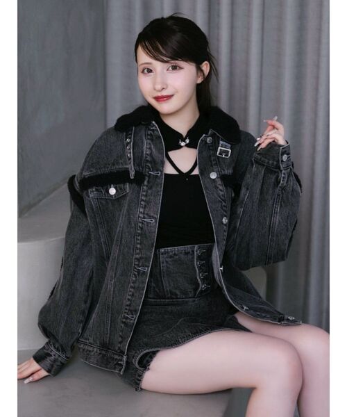 EATME(イートミー)の「デニムフェイクファージャケット(セットアップ可能)(デニムジャケット・レディース・ブルー/アイボリー/ブラック・FREE)」の2枚目の写真