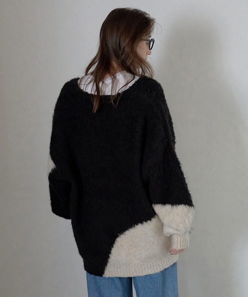 ニット セーター 「MINERTE」loop yarn intarsia V neck pullover / ブークレインターシャVネックプルオーバー MINERTE ニット セーター 「MINERTE」loop yarn intarsia V neck