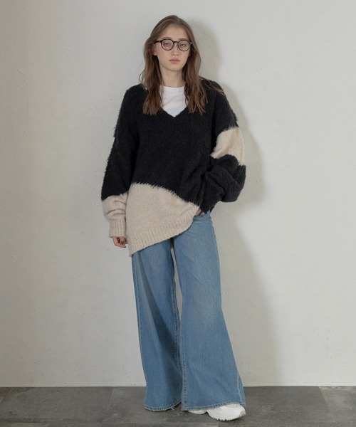 MINERTE（ミネルテ）の「【MINERTE】loop yarn intarsia V neck pullover / ブークレインターシャVネックプルオーバー（ニット/セーター・レディース・ブラック/チャコールグレー・FREE）」の10枚目の写真