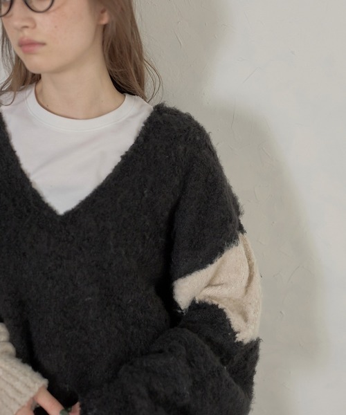 ニット セーター 「MINERTE」loop yarn intarsia V neck pullover / ブークレインターシャVネックプルオーバー MINERTE ニット セーター 「MINERTE」loop yarn intarsia V neck
