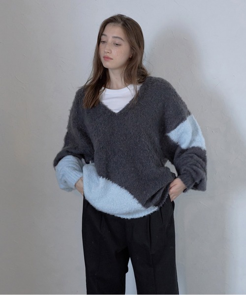 ニット セーター 「MINERTE」loop yarn intarsia V neck pullover / ブークレインターシャVネックプルオーバー MINERTE（ミネルテ）の「【MINERTE】loop yarn intarsia V neck
