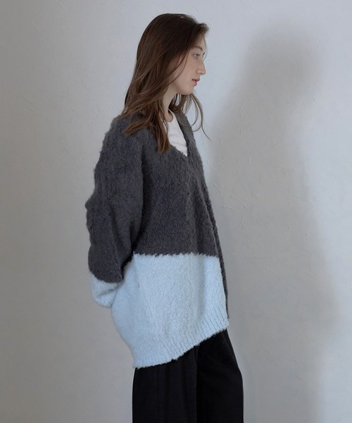 MINERTE（ミネルテ）の「【MINERTE】loop yarn intarsia V neck pullover / ブークレインターシャVネックプルオーバー（ニット/セーター・レディース・ブラック/チャコールグレー・FREE）」の19枚目の写真