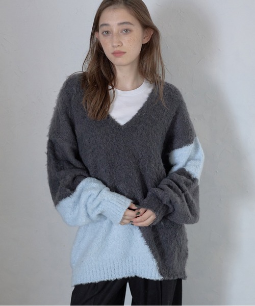 ニット セーター 「MINERTE」loop yarn intarsia V neck pullover / ブークレインターシャVネックプルオーバー MINERTE】loop yarn intarsia V neck pullover / ブークレ