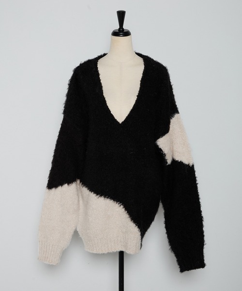 ニット セーター 「MINERTE」loop yarn intarsia V neck pullover / ブークレインターシャVネックプルオーバー MINERTE】loop yarn intarsia V neck pullover / ブークレ