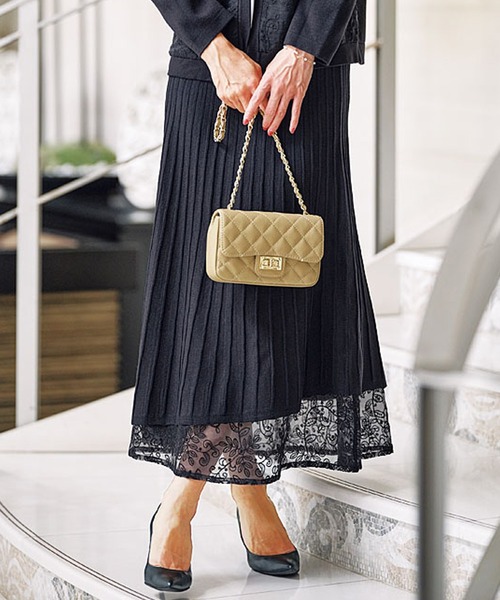 刺しゅうレース使いニットプリーツスカート（スカート）｜BELLUNA PLUS（ベルーナ）