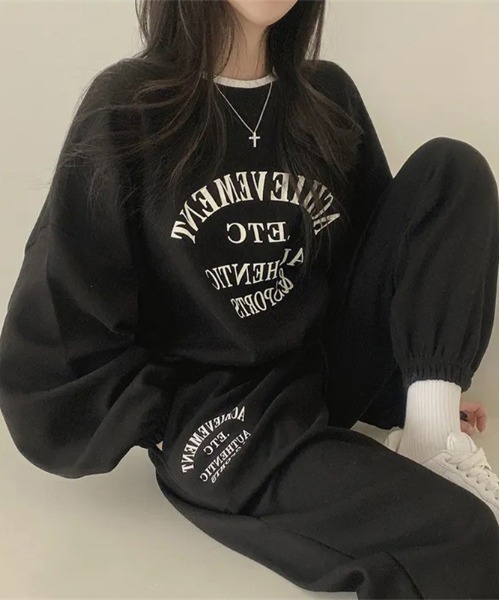 正規品♡裏毛スウェット♡ロゴ上下セット♡ネイビー セール】WEGO/裏起毛ロゴスウェット上下セットアップ
