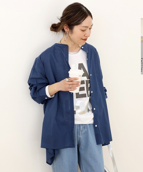 Aletta vita（アレッタビータ）の「キャンブリックコットンイレギュラーヘムバンドカラーシャツ（シャツ/ブラウス・レディース・ブルー/ワインレッド/マスタード・FREE）」の4枚目の写真