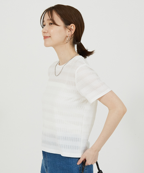 abahouse mavie(アバハウスマヴィ)の「シャーリングボーダー半袖Tシャツ(Tシャツ/カットソー・レディース・セージグリーン/ブラック/ブラウン/ホワイト・フリー)」の9枚目の写真