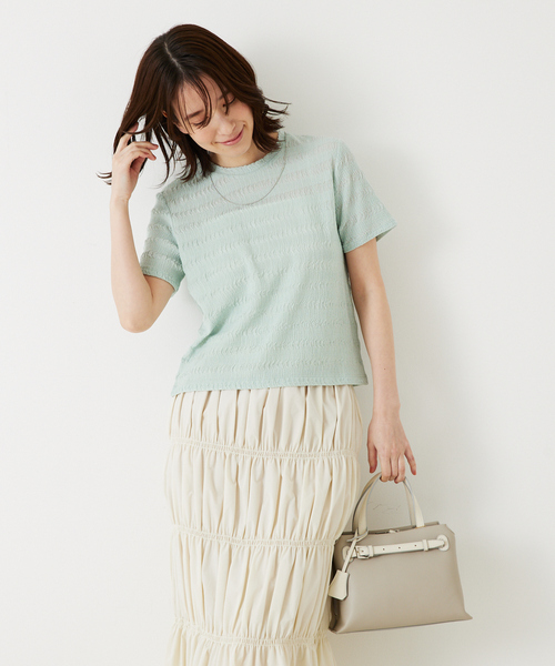 abahouse mavie(アバハウスマヴィ)の「シャーリングボーダー半袖Tシャツ(Tシャツ/カットソー・レディース・セージグリーン/ブラック/ブラウン/ホワイト・フリー)」の13枚目の写真
