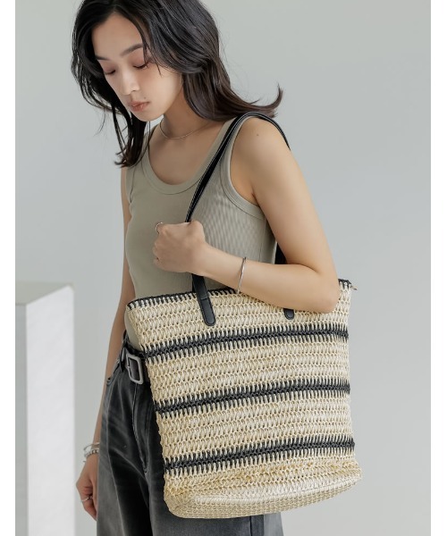 Re:EDIT（リエディ）の「ペーパーラインデザイントートバッグ（かごバッグ・レディース・キャメル/ブラック・FREE）」の2枚目の写真