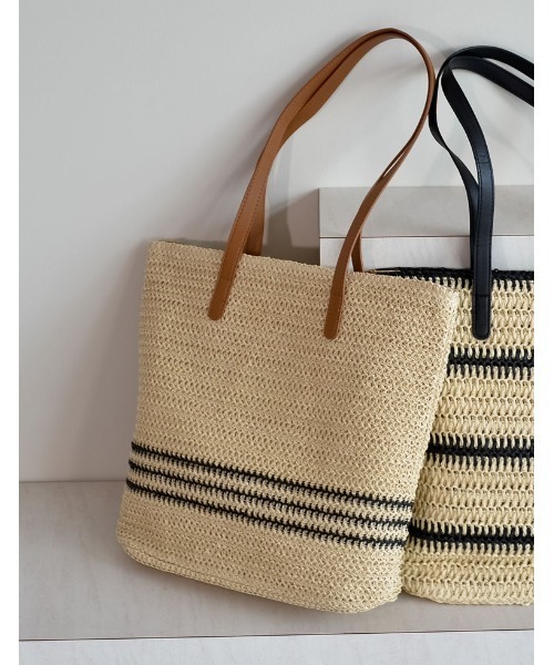 Re:EDIT（リエディ）の「ペーパーラインデザイントートバッグ（かごバッグ・レディース・キャメル/ブラック・FREE）」の6枚目の写真