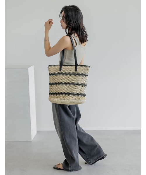 Re:EDIT（リエディ）の「ペーパーラインデザイントートバッグ（かごバッグ・レディース・キャメル/ブラック・FREE）」の3枚目の写真