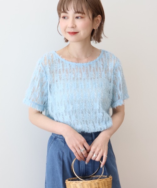 AMERICAN HOLIC(アメリカンホリック)の「チュールフリンジシアーTシャツ(Tシャツ/カットソー・レディース・アイボリー/ブラック/ライトブルー・M/L)」の1枚目の写真