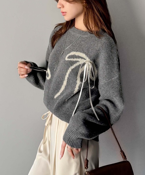 mily bilet(ミウィビレット)の「【mily bilet】大人の甘さ、ほんのりプラス♪リボン使いジャガードニットプルオーバー(ニット/セーター・レディース・バーガンディー/アイボリー/チャコールグレー/グレー・LARGE/MEDIUM/SMALL/X-LARGE)」の17枚目の写真