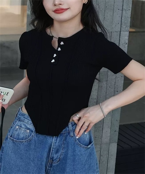 Dream garden(ドリームガーデン)の「リブニット夏服トップス(Tシャツ/カットソー・レディース・カーキ/ブラック/ピンク/ホワイト・FREE)」の12枚目の写真