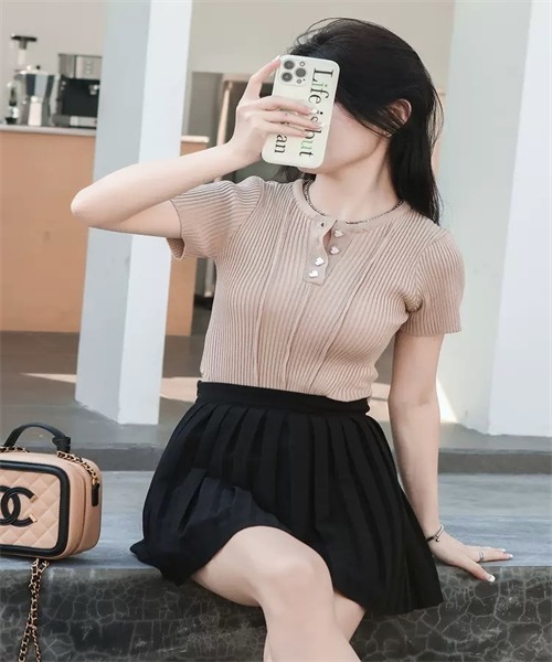 Dream garden(ドリームガーデン)の「リブニット夏服トップス(Tシャツ/カットソー・レディース・カーキ/ブラック/ピンク/ホワイト・FREE)」の19枚目の写真