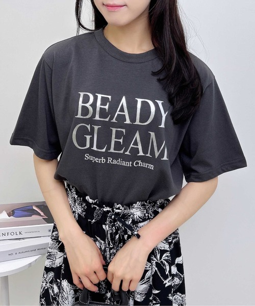 tシャツ EGLANTINE 箔プリントオーガンジーカットソー レディース セール】箔プリントショート丈Tシャツ【UV/接触冷感/洗濯機洗い