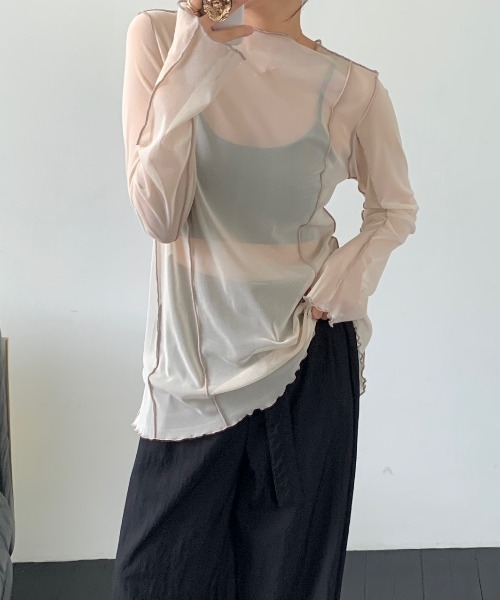 「Eclat one」シアー レースアップ風 カットソー レディース Eclat one】シアー レースアップ風 カットソー（Tシャツ