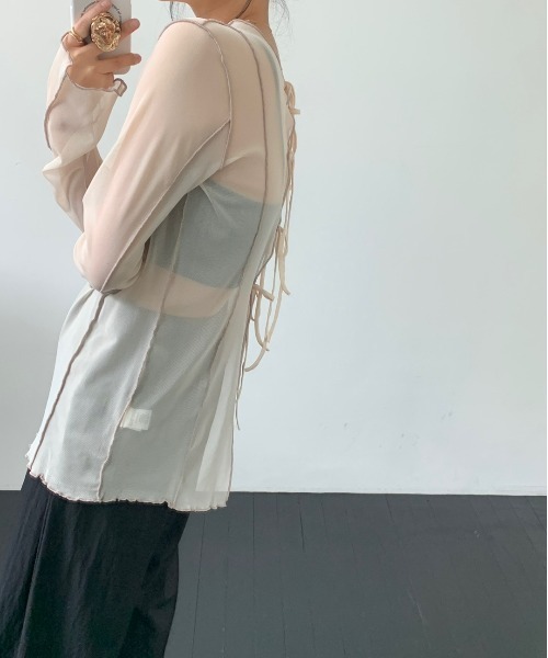 Eclat one】シアー レースアップ風 カットソー（Tシャツ