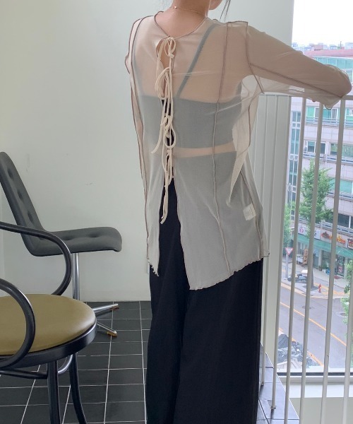 「Eclat one」シアー レースアップ風 カットソー レディース Eclat one】シアー レースアップ風 カットソー（Tシャツ