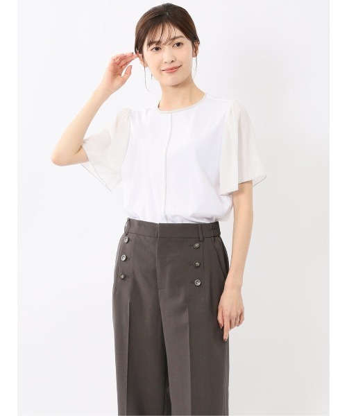 m.f.editorial(エムエフエディトリアル)の「【接触冷感 UVカット】m.f.エディトリアル レディース 綿スムス クルーネック 袖シフォン Tシャツ(Tシャツ/カットソー・レディース・ブラック/ホワイト/ライトグレー・LARGE/MEDIUM)」の1枚目の写真