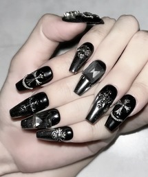 me+em select(~[ZNg)̃`F[NXubN~[XNGAlC`bv ^ chain cross  black mirror square nail tips(lCV[/lC`bv)