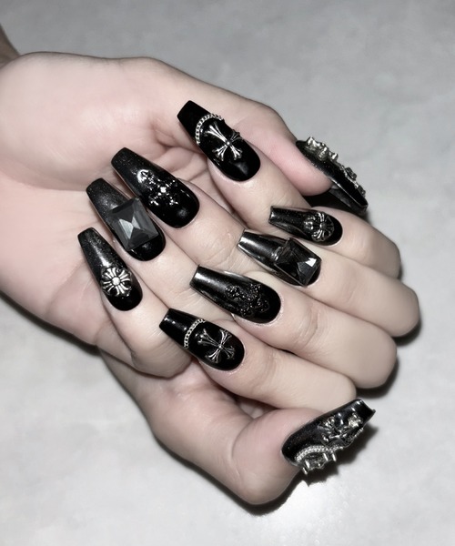 チェーンクロスブラックミラースクエアネイルチップ ／ chain