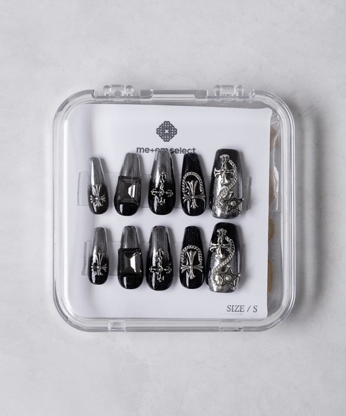 チェーンクロスブラックミラースクエアネイルチップ ／ chain cross