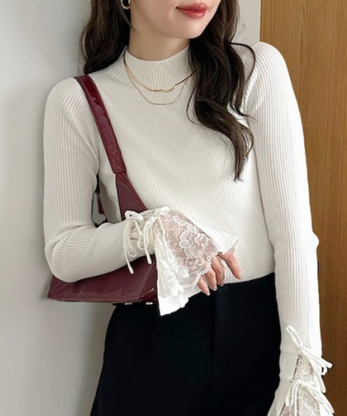 セール】レース リボン デザイン フレアスリーブ ぷちハイネック
