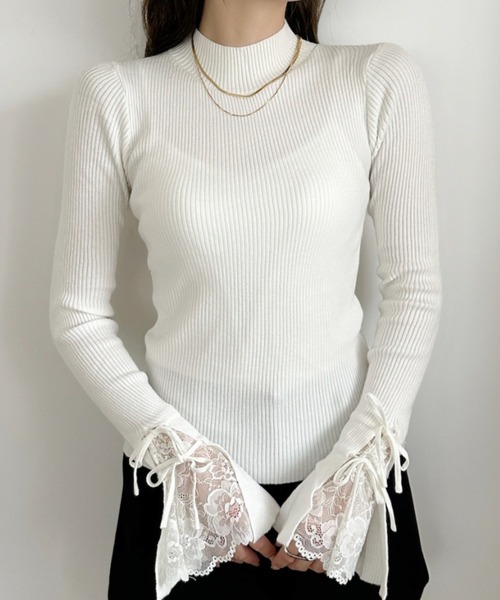 セール】レース リボン デザイン フレアスリーブ ぷちハイネック