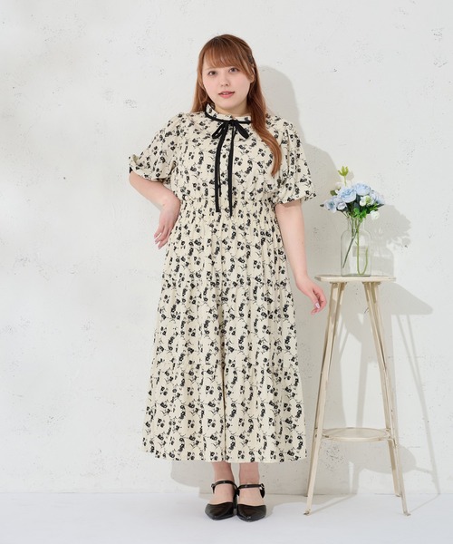 大きいサイズ】配色リボン付きティアード半袖ワンピース