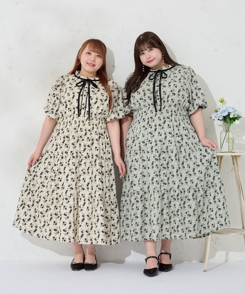 Louiosy(ルオシー)の「【大きいサイズ】配色リボン付きティアード半袖ワンピース(ワンピース・レディース・ブラック系その他/グリーン系その他/ブルー系その他・3L/X-LARGE/4L)」の4枚目の写真