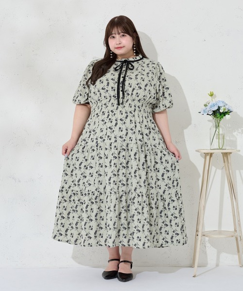 Louiosy(ルオシー)の「【大きいサイズ】配色リボン付きティアード半袖ワンピース(ワンピース・レディース・ブラック系その他/グリーン系その他/ブルー系その他・3L/X-LARGE/4L)」の6枚目の写真