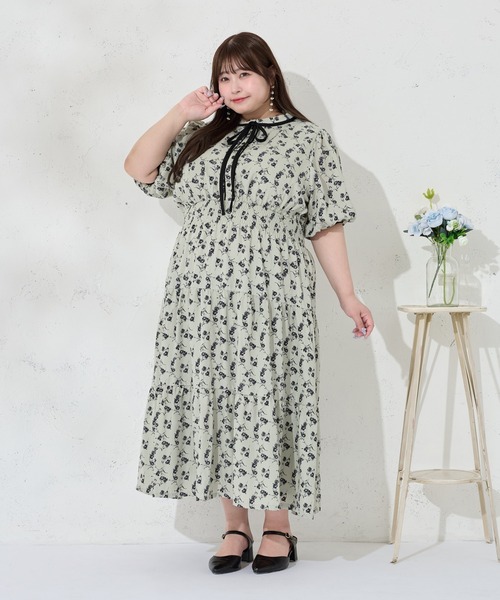 Louiosy(ルオシー)の「【大きいサイズ】配色リボン付きティアード半袖ワンピース(ワンピース・レディース・ブラック系その他/グリーン系その他/ブルー系その他・3L/X-LARGE/4L)」の8枚目の写真