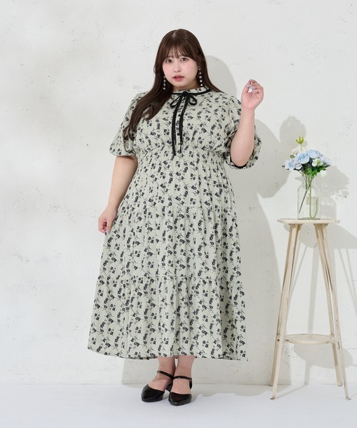 Louiosy(ルオシー)の「【大きいサイズ】配色リボン付きティアード半袖ワンピース(ワンピース・レディース・ブラック系その他/グリーン系その他/ブルー系その他・3L/X-LARGE/4L)」の9枚目の写真