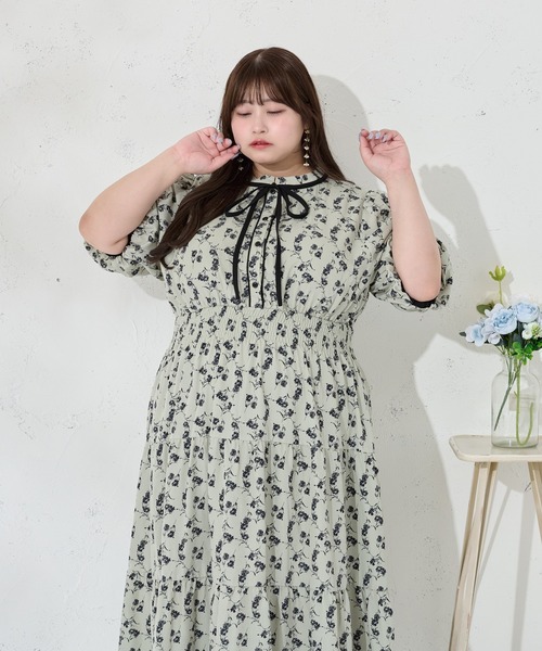 Louiosy(ルオシー)の「【大きいサイズ】配色リボン付きティアード半袖ワンピース(ワンピース・レディース・ブラック系その他/グリーン系その他/ブルー系その他・3L/X-LARGE/4L)」の12枚目の写真