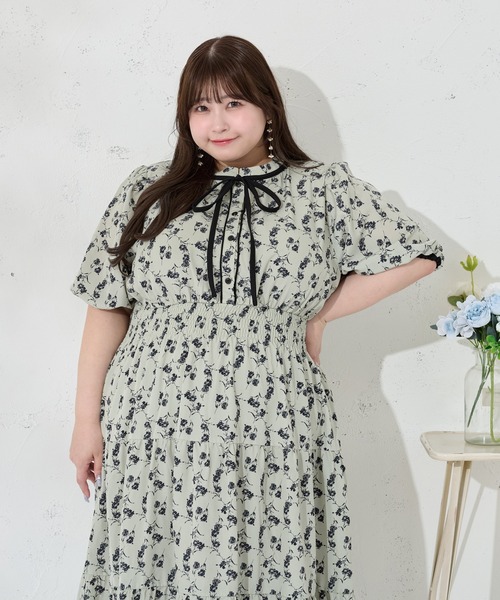 Louiosy(ルオシー)の「【大きいサイズ】配色リボン付きティアード半袖ワンピース(ワンピース・レディース・ブラック系その他/グリーン系その他/ブルー系その他・3L/X-LARGE/4L)」の13枚目の写真