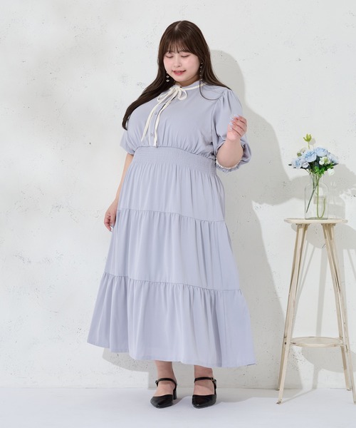 Louiosy(ルオシー)の「【大きいサイズ】配色リボン付きティアード半袖ワンピース(ワンピース・レディース・ブラック系その他/グリーン系その他/ブルー系その他・3L/X-LARGE/4L)」の14枚目の写真