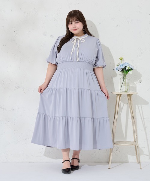 大きいサイズ】配色リボン付きティアード半袖ワンピース（ワンピース