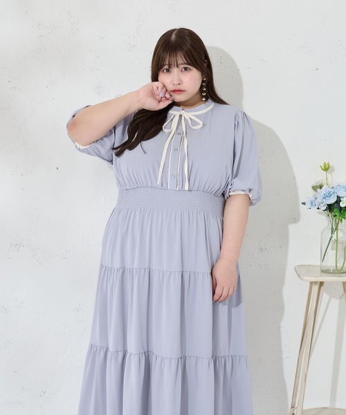 Louiosy(ルオシー)の「【大きいサイズ】配色リボン付きティアード半袖ワンピース(ワンピース・レディース・ブラック系その他/グリーン系その他/ブルー系その他・3L/X-LARGE/4L)」の16枚目の写真