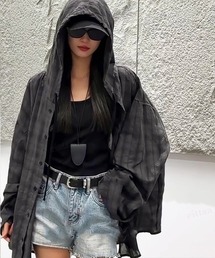 Dalfwin | 韓国ファッション フード付きチェック柄シアーシャツ(シャツ/ブラウス)