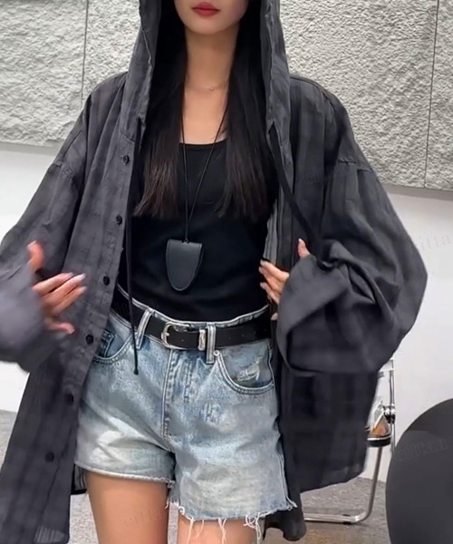 Dalfwin（ダールフィン）の「韓国ファッション フード付きチェック柄シアーシャツ（シャツ/ブラウス・レディース・グレー/グリーン・FREE）」の5枚目の写真