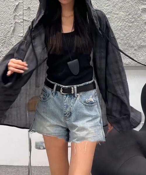 Dalfwin（ダールフィン）の「韓国ファッション フード付きチェック柄シアーシャツ（シャツ/ブラウス・レディース・グレー/グリーン・FREE）」の4枚目の写真