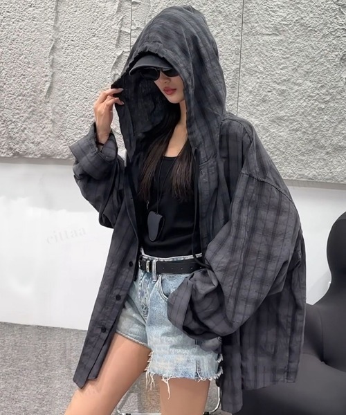 韓国ファッション フード付きチェック柄シアーシャツ（シャツ