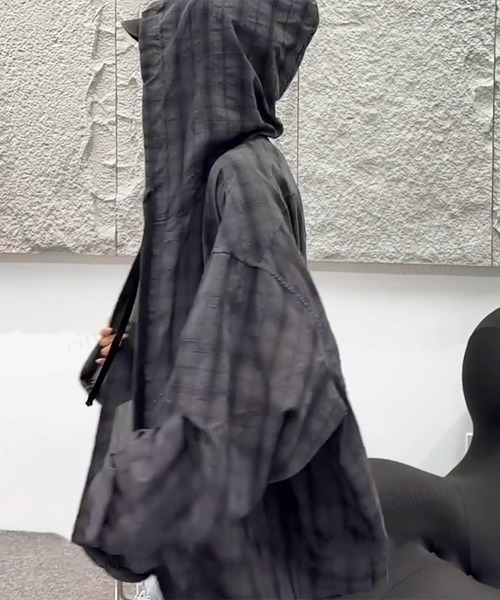 Dalfwin（ダールフィン）の「韓国ファッション フード付きチェック柄シアーシャツ（シャツ/ブラウス・レディース・グレー/グリーン・FREE）」の9枚目の写真