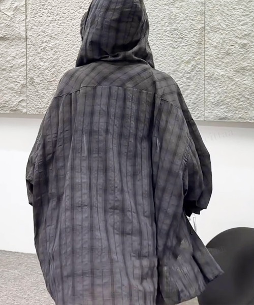 Dalfwin（ダールフィン）の「韓国ファッション フード付きチェック柄シアーシャツ（シャツ/ブラウス・レディース・グレー/グリーン・FREE）」の7枚目の写真