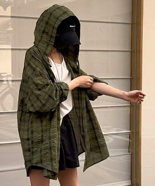 Dalfwin（ダールフィン）の「韓国ファッション フード付きチェック柄シアーシャツ（シャツ/ブラウス・レディース・グレー/グリーン・FREE）」の3枚目の写真