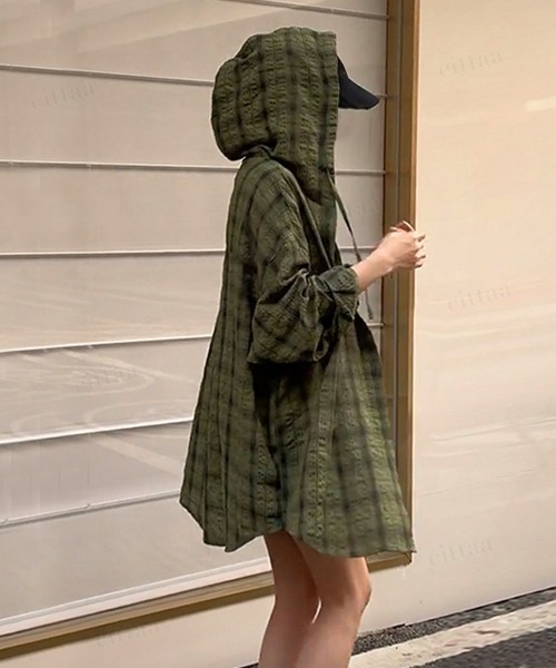 Dalfwin（ダールフィン）の「韓国ファッション フード付きチェック柄シアーシャツ（シャツ/ブラウス・レディース・グレー/グリーン・FREE）」の12枚目の写真