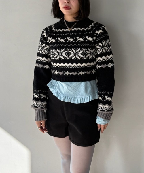 SANSeLF(サンセルフ)の「【SANSeLF】 ノルディックジャガードニット saw25a020(ニット/セーター・レディース・ブラック・FREE)」の1枚目の写真